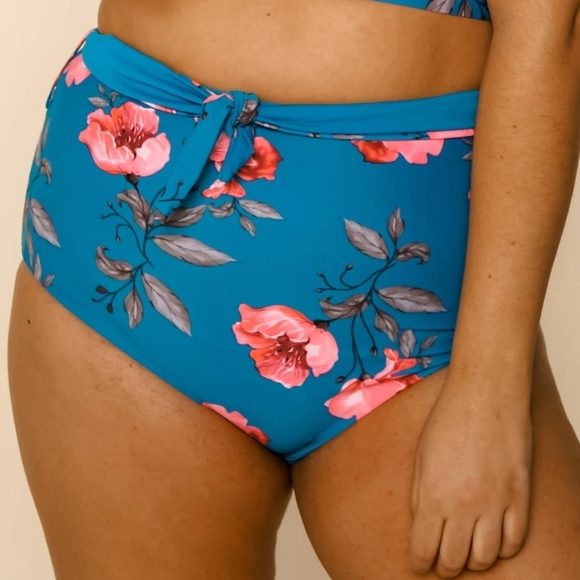 Coral Reef Blue Floral Wrap Front High Rise Swim Bottoms - Picture 4 of 4